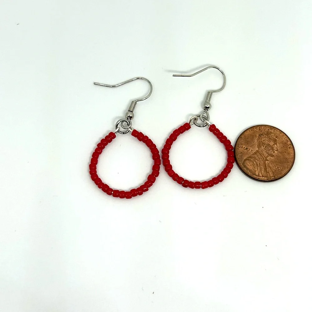 Small beaded hoop earrings red seed bead earrings handmade
